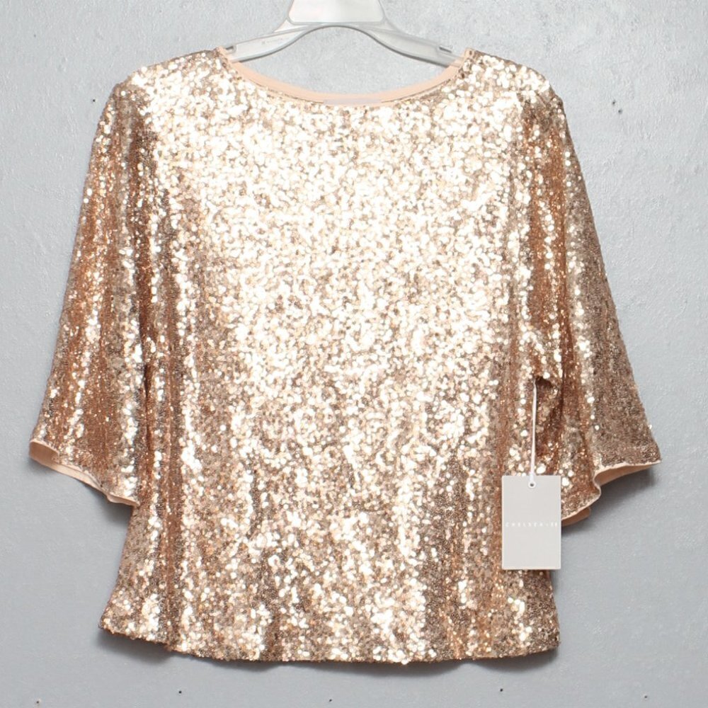 Chelsea 28 NWT sequin rose gold short sleeve blouse top